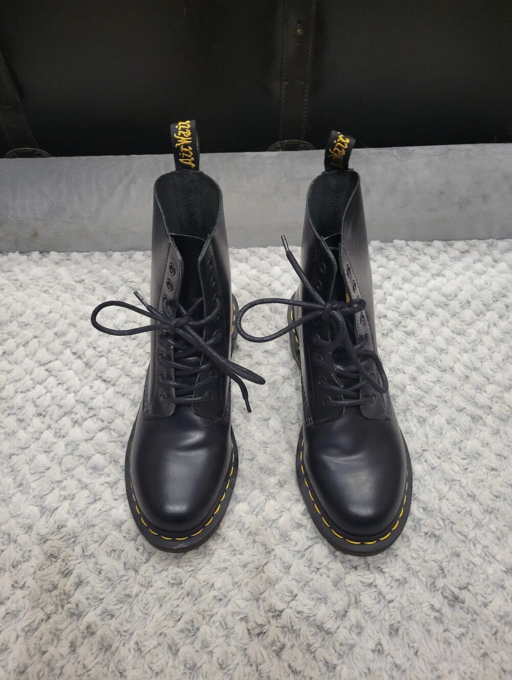 Dr Martens Black Leather Lace-Up Combat Boots with Yellow Stitching
